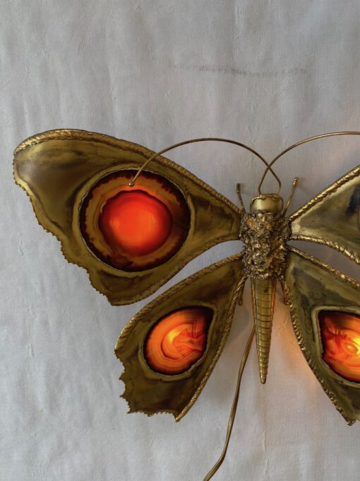 1970’ Bronze or Brass Butterfly Wall Lamp, Duval Brasseur Or Isabelle Faure, 4 Bulbs, Agate Wings: 40 x H 33 cm - Image 10