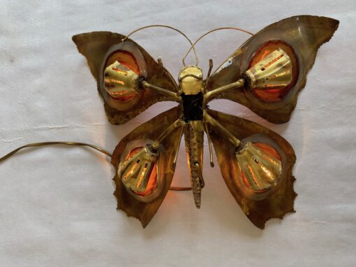 1970’ Bronze or Brass Butterfly Wall Lamp, Duval Brasseur Or Isabelle Faure, 4 Bulbs, Agate Wings: 40 x H 33 cm - Image 9