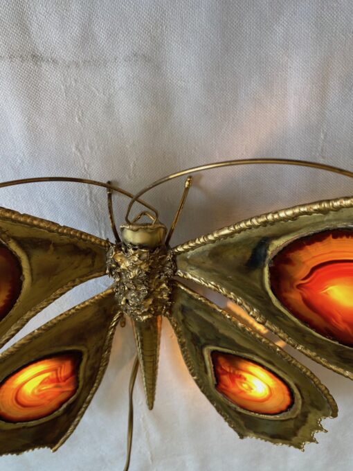 1970’ Bronze or Brass Butterfly Wall Lamp, Duval Brasseur Or Isabelle Faure, 4 Bulbs, Agate Wings: 40 x H 33 cm - Image 7