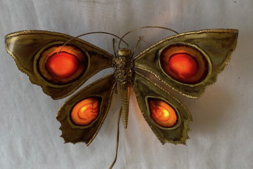 1970’ Bronze or Brass Butterfly Wall Lamp, Duval Brasseur Or Isabelle Faure, 4 Bulbs, Agate Wings: 40 x H 33 cm - Image 6
