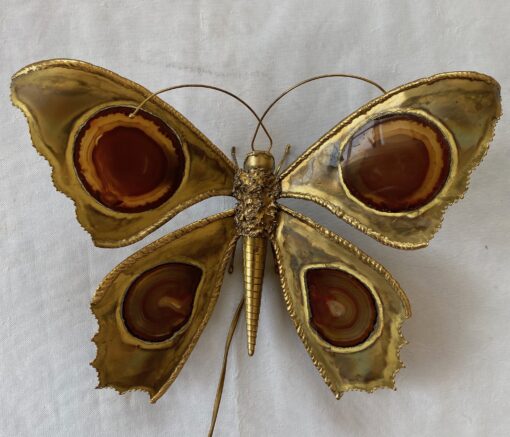 1970’ Bronze or Brass Butterfly Wall Lamp, Duval Brasseur Or Isabelle Faure, 4 Bulbs, Agate Wings: 40 x H 33 cm - Image 5