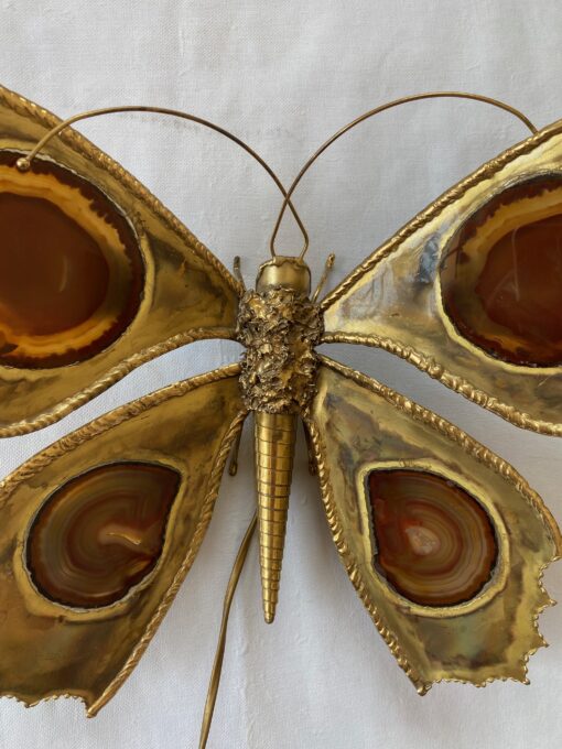 1970’ Bronze or Brass Butterfly Wall Lamp, Duval Brasseur Or Isabelle Faure, 4 Bulbs, Agate Wings: 40 x H 33 cm - Image 4