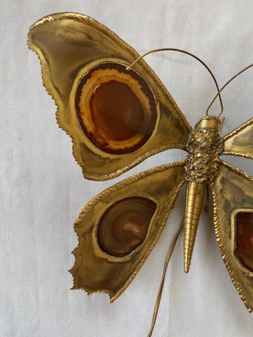 1970’ Bronze or Brass Butterfly Wall Lamp, Duval Brasseur Or Isabelle Faure, 4 Bulbs, Agate Wings: 40 x H 33 cm - Image 3