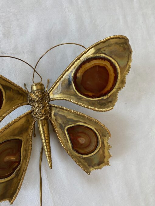 1970’ Bronze or Brass Butterfly Wall Lamp, Duval Brasseur Or Isabelle Faure, 4 Bulbs, Agate Wings: 40 x H 33 cm - Image 2