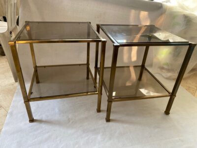 1970′ Pair Of Guy Lefevre Side Tables In Brass With Smoked Glasses 45 X 45 X H 50 cm