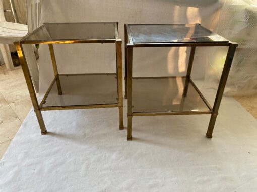 1970′ Pair Of Guy Lefevre Side Tables In Brass With Smoked Glasses 45 X 45 X H 50 cm - Image 2