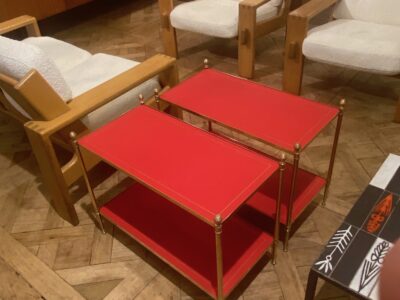 1970′ Pair Of Side Tables At 2 Levels Maison Jansen Carmine Red Leather Trays With Vintage Gold Nets 65 X 35 H 52 cm