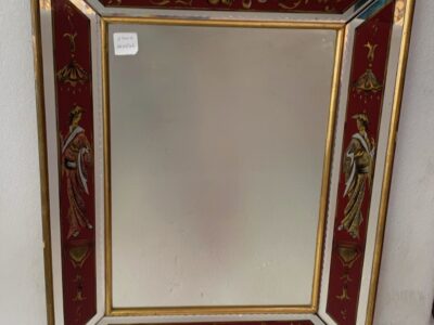1960/70 Chinese Mirror And Venetian Masks Eglomized Decor And Gold Leaf Frame 76 X 61 cm