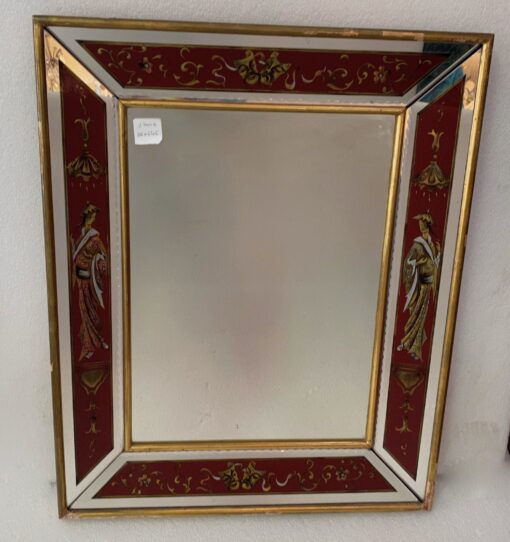 1960/70 Chinese Mirror And Venetian Masks Eglomized Decor And Gold Leaf Frame 76 X 61 cm