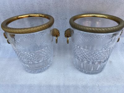 1950-70 ‘Pair Of Champagne Bucket Crystal St Louis Engraved With Attributes Of The Vine And Gilt Bronze With Lion Heads