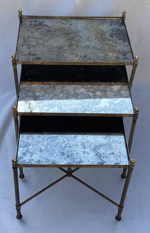 1970′ Series Of 3 Maison Baguès Nesting Tables In Gilt Bronze, 3 Oxyded Olded Glass Trays 38 X 50 X H 47 cm
