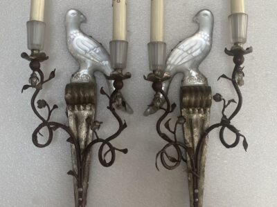 1970' Pair Of Sconces With Parakeets In Silver Wood And Patinated Iron Maison Banci Ou Bagués