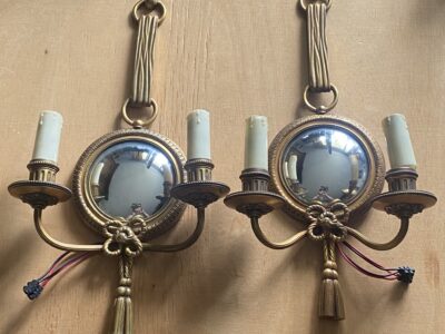 1950/70′ Pair of Sconces in Gilted Bronze With Convex Mirror Petitot Signed