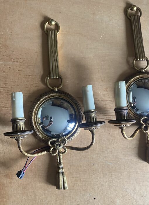 1950/70′ Paire d’Appliques en Bronze Doré Avec Miroir Convexe Signée Petitot – Image 3