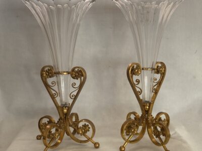 1870' Pair of Baccarat Cornets Or Similar Bronze Mount, Crown Monogram H 49.5 cm