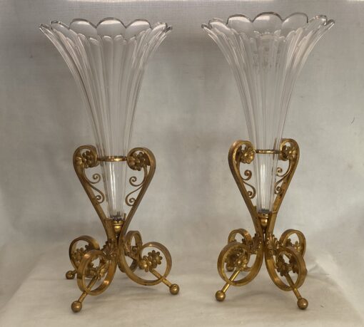 1870' Pair of Baccarat Cornets Or Similar Bronze Mount, Crown Monogram H 49.5 cm