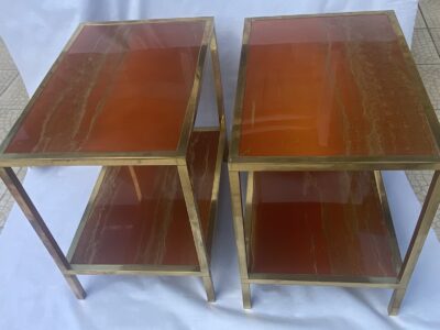 1970′ Pair Of Side Tables At 2 Levels Maison Jansen Orange Melamine Lacquer Trays With Vintage Gold Decors 60 X 40 H 55 cm