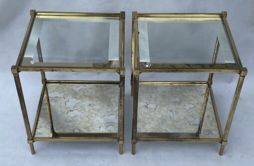 1970′ Pair Of Ramsay End Tables In Brass With Aged Mirrors 33.5 X 33.5 X H 39.5 cm