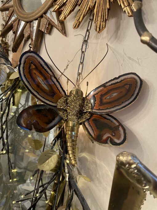 1970’ Applique Papillon en Bronze ou Laiton, Duval Brasseur Ou Isabelle Faure, 1 Ampoule, Ailes d’Agate : 28 X H 35 cm – Image 2