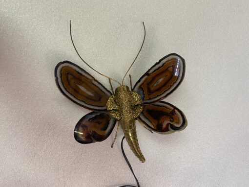 1970’ Applique Papillon en Bronze ou Laiton, Duval Brasseur Ou Isabelle Faure, 1 Ampoule, Ailes d’Agate : 28 X H 35 cm – Image 3