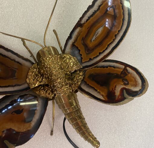 1970’ Applique Papillon en Bronze ou Laiton, Duval Brasseur Ou Isabelle Faure, 1 Ampoule, Ailes d’Agate : 28 X H 35 cm – Image 7