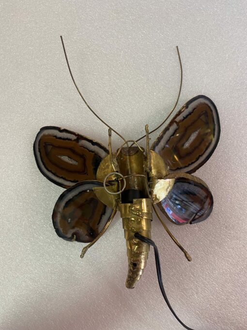 1970’ Applique Papillon en Bronze ou Laiton, Duval Brasseur Ou Isabelle Faure, 1 Ampoule, Ailes d’Agate : 28 X H 35 cm – Image 9