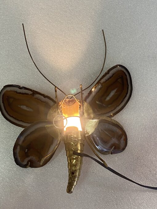 1970’ Applique Papillon en Bronze ou Laiton, Duval Brasseur Ou Isabelle Faure, 1 Ampoule, Ailes d’Agate : 28 X H 35 cm – Image 14