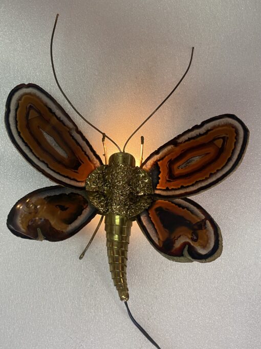 1970’ Applique Papillon en Bronze ou Laiton, Duval Brasseur Ou Isabelle Faure, 1 Ampoule, Ailes d’Agate : 28 X H 35 cm