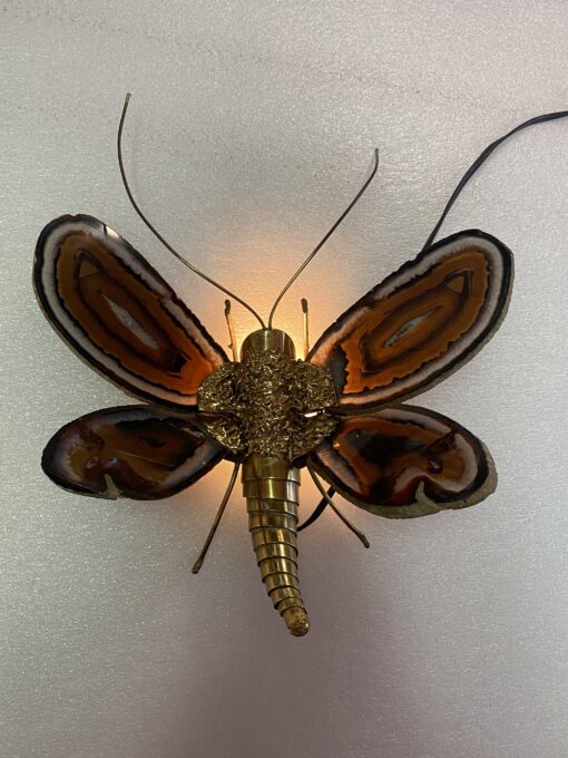 1970’ Applique Papillon en Bronze ou Laiton, Duval Brasseur Ou Isabelle Faure, 1 Ampoule, Ailes d’Agate : 28 X H 35 cm – Image 17