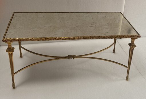 1970′ Coffee Table in Gilt Bronze Laurel Leaves Model, Maison Baguès, Spacer Double Arc De Cercle 92 x 46 x H 42 cm