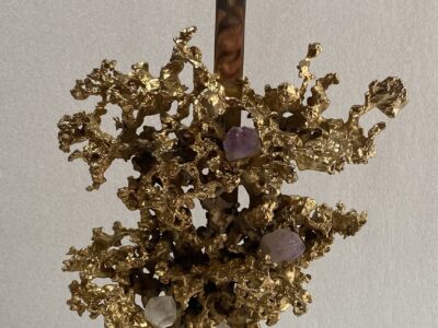 1970' Coral Decor Lamp in Gilt Bronze and Amethyst And Rock Crystal Signed Boeltz