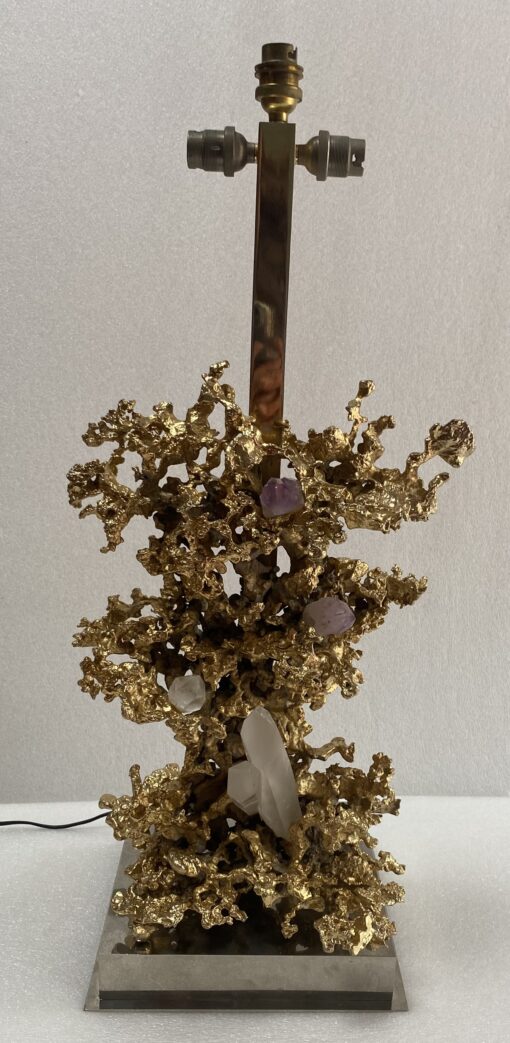 1970' Coral Decor Lamp in Gilt Bronze and Amethyst And Rock Crystal Signed Boeltz