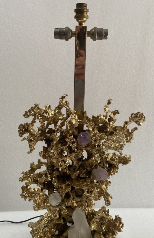 1970' Coral Decor Lamp in Gilt Bronze and Amethyst And Rock Crystal Signed Boeltz - Image 3