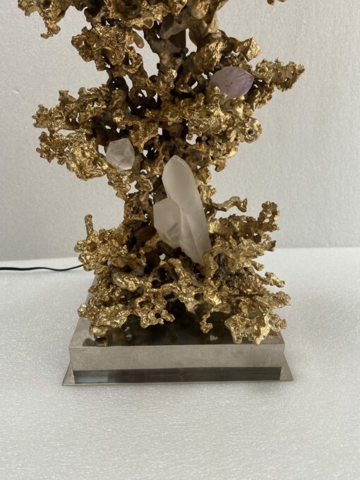 1970' Coral Decor Lamp in Gilt Bronze and Amethyst And Rock Crystal Signed Boeltz - Image 5