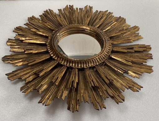 1950′ Sun Mirror 2 Floors Patinated Golden Wood 75 Cm In Diameter