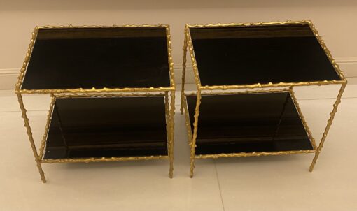 1950/70' Pair Of End Of Sofa Maison Jansen ,Gited Bronze, With Tops In Black Glasses 50 X 37 cm