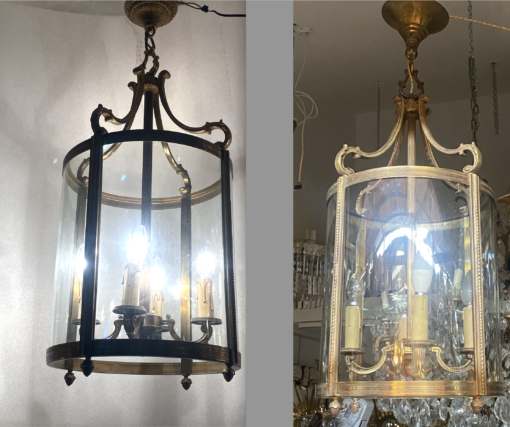 1950/70’Pair Of Lanterns In Gilt Bronze H 72 cm Ø 38 cm