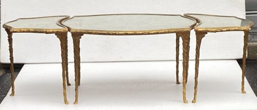 1970′ Maison Charles Tripartite Table Crossbow Shape, Jansen Or Baguès Palm Tree Decor In Gilt Bronze With Aged Mirror Trays - Image 7