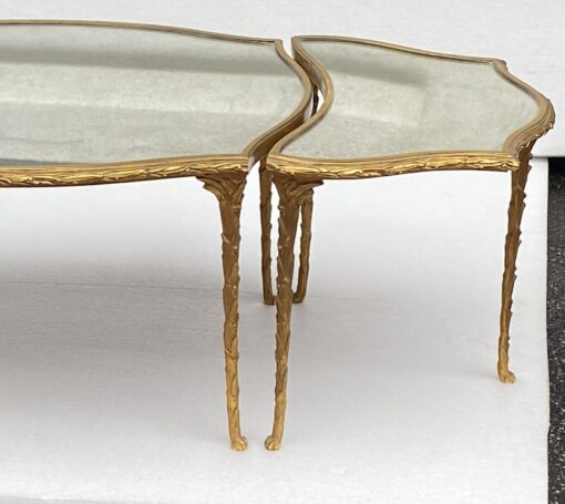 1970′ Maison Charles Tripartite Table Crossbow Shape, Jansen Or Baguès Palm Tree Decor In Gilt Bronze With Aged Mirror Trays - Image 6
