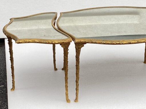 1970′ Maison Charles Tripartite Table Crossbow Shape, Jansen Or Baguès Palm Tree Decor In Gilt Bronze With Aged Mirror Trays - Image 5