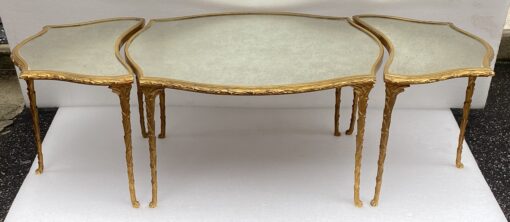 1970′ Maison Charles Tripartite Table Crossbow Shape, Jansen Or Baguès Palm Tree Decor In Gilt Bronze With Aged Mirror Trays