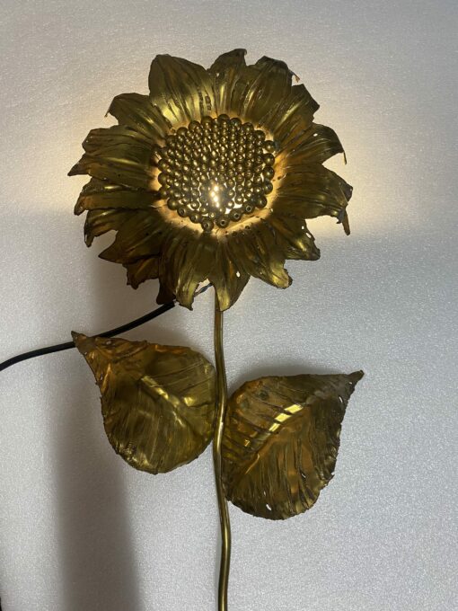 1970' Patinated Brass Sunflower Wall Lamp Signed P.MAS-ROSSI H 64 cm