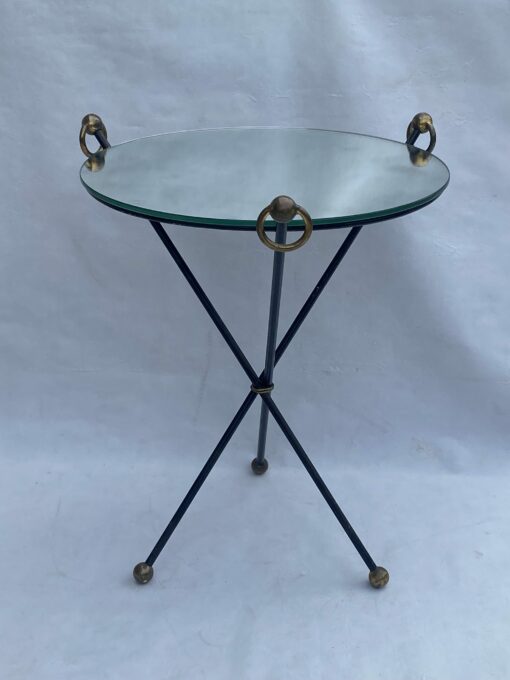 1940/50 ′ Wrought Iron Pedestal Table Brass Ornaments Jacques Adnet Style Diameter 49 cm