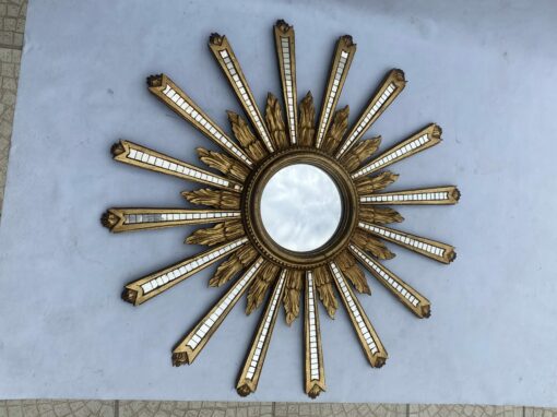 1950/70′ Convex Sun Mirror Patinated Golden Wood With Mirror Inlays 88 Cm In Diameter