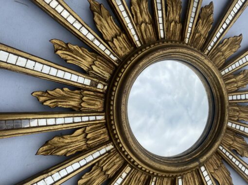 1950/70′ Convex Sun Mirror Patinated Golden Wood With Mirror Inlays 88 Cm In Diameter - Image 2