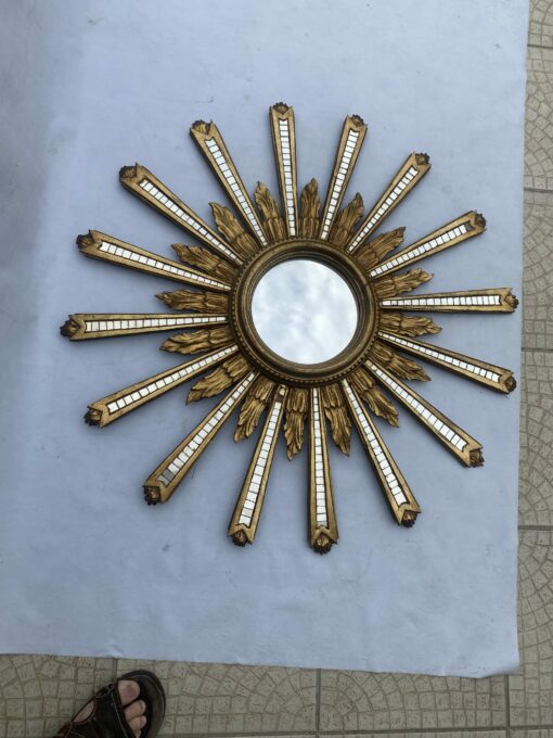 1950/70′ Convex Sun Mirror Patinated Golden Wood With Mirror Inlays 88 Cm In Diameter - Image 3