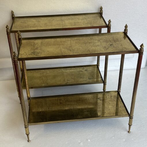 1950/70' Pair Of Rectangular Sofa Ends Maison Bagués Brass and Bronze Trays Gold Leaves Fixed Under Glass and With Olympic Flames 63 X 28 cm