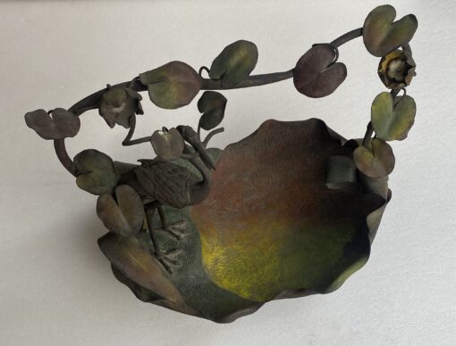 1900' Art Nouveau Patinated Bronze Fruit Basket, Japanese Crane And Water Lilies 47 X 58 X H 54 cm