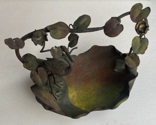 1900' Art Nouveau Patinated Bronze Fruit Basket, Japanese Crane And Water Lilies 47 X 58 X H 54 cm - Image 3