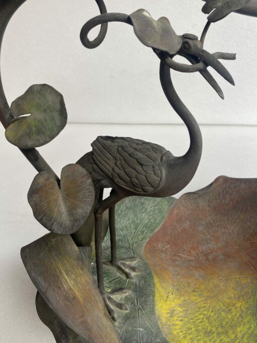 1900' Art Nouveau Patinated Bronze Fruit Basket, Japanese Crane And Water Lilies 47 X 58 X H 54 cm - Image 4
